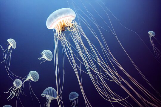 Ai generated image of jellyfish. Jellyfish swims in deep blue ocean sea. Medusa neon jellyfish