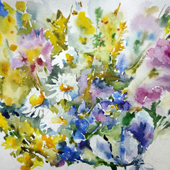 Abstract bright colored decorative background . Floral pattern handmade . Beautiful tender romantic bouquet of summer wild flowers , made in the technique of watercolors from nature.