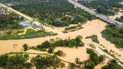 Aerial view of Dengkil district from flooding that causes damage of the infrastructure and housing...