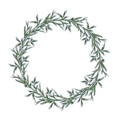 Floral wreath of green branches and leaves. Watercolor hand drawn illustration for invitations and greeting cards