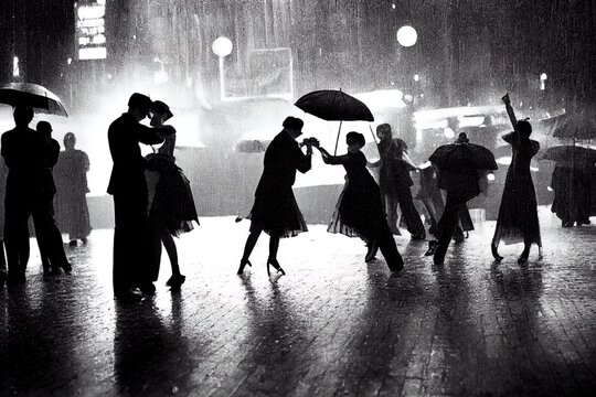 Ai generated image of people dancing under the rain. Tango dancers, umbrellas, love