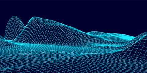 Digital wireframe landscape. Wireframe terrain polygon landscape design. Digital cyberspace in mountains with valleys. Vector illustration.