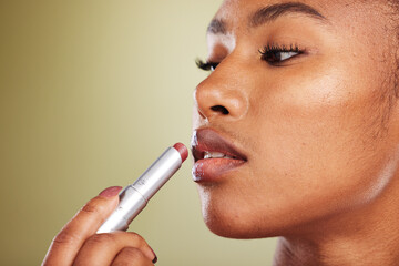 Lipstick, black woman and skincare for wellness, cosmetics, smooth lips or against brown studio...