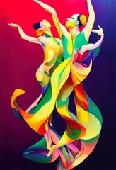 Abstract psychedelic painting of a couple of dancers. Love, embrace, hug. Ai generated image. Valentine's Day