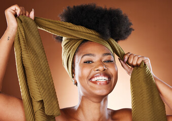 Beauty, black woman and portrait with afro hair wrap for protection, style and african fashion....