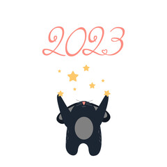 Cute black bunny with stars wishes a Happy New Year 2023. Year of the Rabbit. Vector illustration