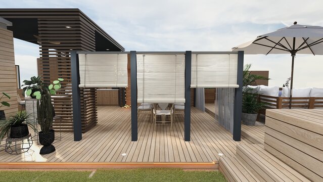 terraza con pergolas y jacuzzi . cocina de exterior y zona de descanso 