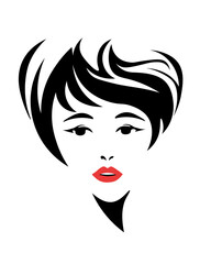 cute woman face. Beautiful woman face with red lips, lush eyelashes, and short haircut.  Beauty Logo. Vector illustration