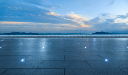 Empty square floors and sea natural scenery at night in Zhoushan, Zhejiang, China.
