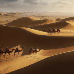 A caravan of camels walking through the sand dunes of the desert