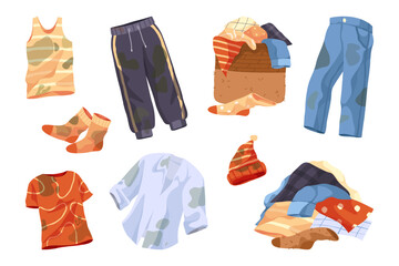 Dirty clothes or messy clothing, vector icons set.