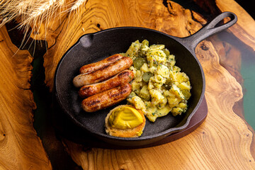 German sausages with pasta and mustard