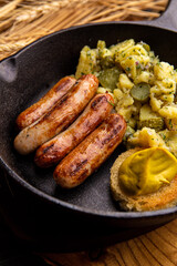 German sausages with pasta and mustard