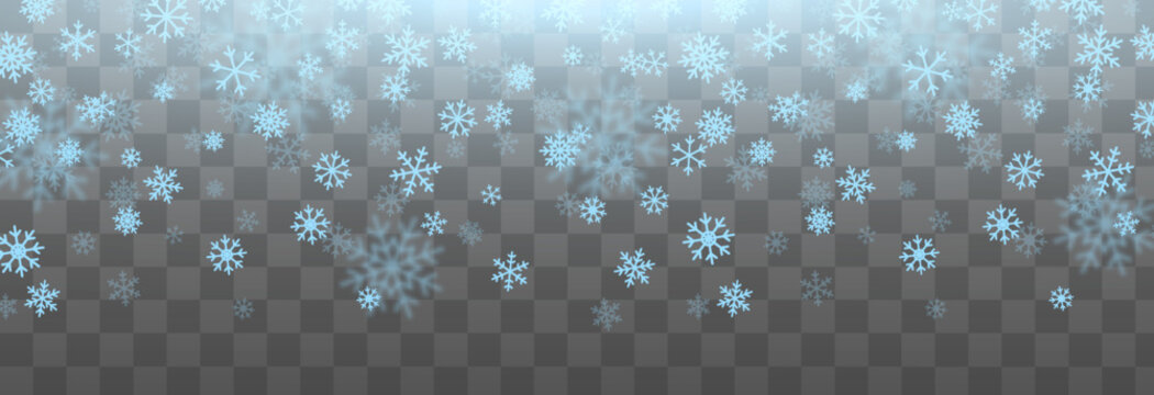 Vector blue snowflakes are falling from the sky. Snowflakes png, winter, snow flakes png. Snowfall, blizzard. Christmas background.