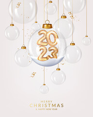 Christmas and New Year 2023 greeting card with transparent realistic balls, numbers, ribbons and confetti.