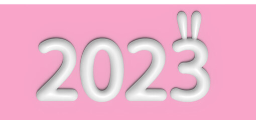 2023 year with rabbit ears.The Chinese new year 2023 The year of the rabbit. Happy Chinese New Year 2023.Red 3d numbers on a white background. Lunar new year.