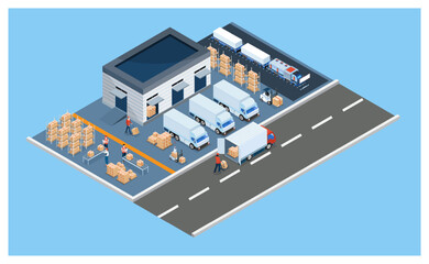 3D isometric Warehouse Logistic concept with Workers loading products on the trucks, Transportation operation service, Export, Import, forklift, pallets, cardboard boxes. Vector illustration EPS 10