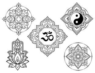 Set of Eastern ethnic religious symbols. Mandala with OM mantra, Yin Yang, Lotus flower. Decorative pattern for henna, mehndi, tattoos, room decoration. Outline doodle vector illustration.