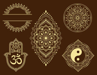 Set of Eastern ethnic religious symbols. Mandala with OM mantra, Yin Yang, Lotus flower. Decorative pattern for henna, mehndi, tattoos, room decoration. Outline doodle vector illustration. - obrazy, fototapety, plakaty