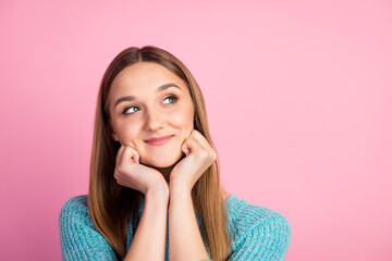 Closeup photo of lady looking up empty space deep thinking creative person arm chin isolated pastel color background