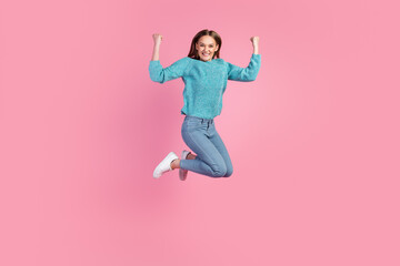 Fototapeta na wymiar Full body view photo energetic youth scream shout rejoice isolated raise hands arms pastel background