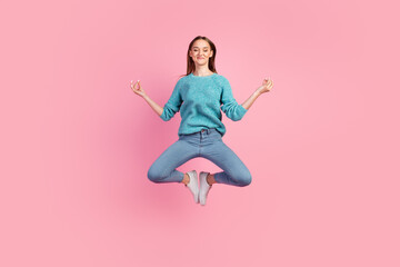 Full length size photo youth candid content meditate isolated pullover denim pastel color background