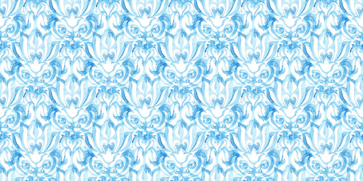 Watercolor seamless pattern. Print for home decor, pillows, textiles, packaging. White and blue ornament drawn with ink on paper.