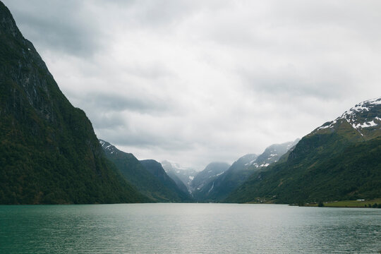 Lake Oldevatnet and mountains under clouds, Norway