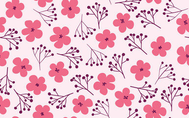 Seamless floral pattern based on traditional folk art ornaments. Art flowers on color background. Scandinavian style. Sweden nordic style. Vector illustration. Simple minimalistic pattern