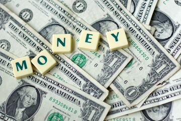 One Dollar bills with the word MONEY laid with capital letters as symbol for the financial economic crisis, money