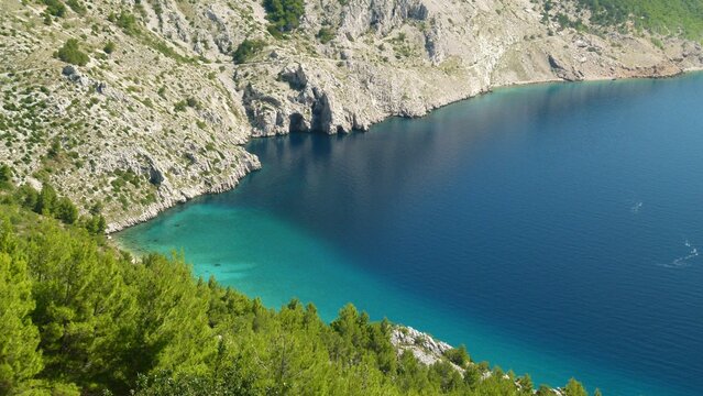 Majestic shot of Vruja beach surrounded by pine trees and steeped rocky cliffs in Brela, Croatia