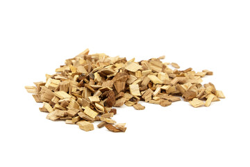 Wood chips for smocking isolated on white. Natural apricot wood smoking chunks