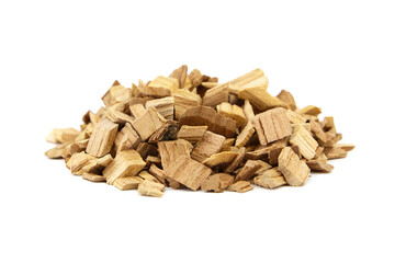 Wood chips for smocking isolated on white. Natural apricot wood smoking chunks
