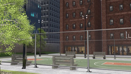 テレビ会議背景用 ZOOM会議背景用 バスケットボールコート ニューヨーク 屋外 for using in video conference and as a zoom background. © kx59