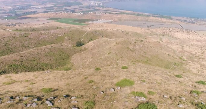 Aerial View of a lake and mountain side, Sea of Galilee, Israel.