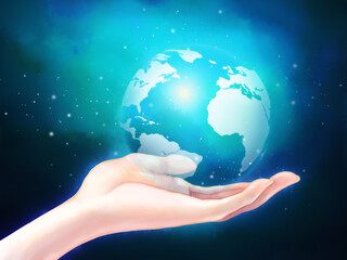 エコイメージー手と半透明の地球（背景あり）