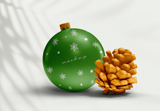 Christmas Ornament and Pinecone Mockup &ndash; Realistic Green Holiday Ball with Natural Pinecone &ndash; Perfect for Seasonal Branding, Packaging, and Festive Decor Projects
