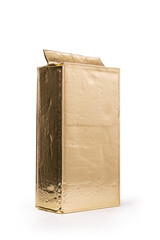 Mockup of golden foil vacuum packaging for coffee isolated on white