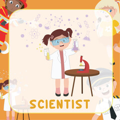 Colorful flashcard kids’ profession dream. A cute little girl as scientist does an experiment in the lab. Educational printable sheet for children. Cute cartoon vector illustrations.