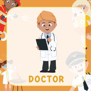 Colorful flashcard kids’ profession dream. An Indian little doctor with stethoscope on his neck while writing the patient’s medical record. Educational printable sheet for children. Cute vector.
