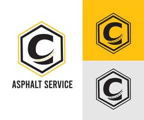 Initial C Letter with asphalt and paving symbol for asphalt logo and transport business design template