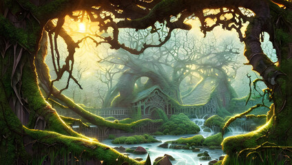 An old house covered with ivy leaves framed by trees and branches with sunlight in the foliage from behind - Book cover - fantasy - fairy tale 