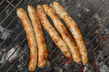 Delicious grilled sausage. Outdoor recreation.