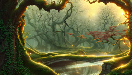 An old enchanted magical bridge covered with ivy leaves over a river framed by trees and branches in the forest with sunlight in the foliage from behind - Book cover - fantasy - fairy tale 