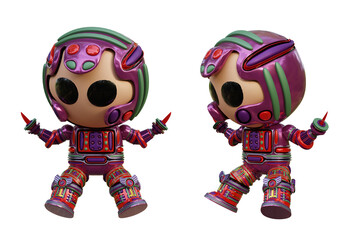 3D RENDERING PNG ILLUSTRATION. CUTE DESIGN ROBOT CYBORG ANDROID CHARACTER ISOLATED WHITE BACKGROUND. SPACEMAN ASTRONAUT CARTOON METAL PLASTIC AI MACHINE TECHNOLOGY GAME MODEL FIGURE ART TOY.