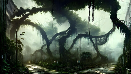 rotten / decayed city streets, overgrown with vegetation and hanging vines in a post-apocalyptic tropical forest landscape, hazy and misty atmosphere - painted - concept art - poster desgn