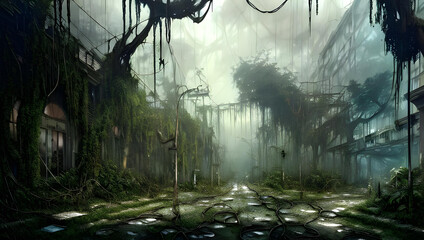 rotten / decayed city streets, overgrown with vegetation and hanging vines in a post-apocalyptic tropical forest landscape, hazy and misty atmosphere - painted - concept art - poster desgn