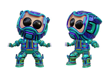 3D RENDERING PNG ILLUSTRATION. CUTE DESIGN ROBOT CYBORG ANDROID CHARACTER ISOLATED WHITE BACKGROUND. SPACEMAN ASTRONAUT CARTOON METAL PLASTIC AI MACHINE TECHNOLOGY GAME MODEL FIGURE ART TOY.