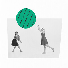 Contemporary art collage. Creative design with two stylish young women playing ball, having fun on summertime vacation