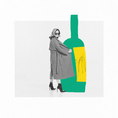 Contemporary art collage. Creative design with young stylish woman standing in coat near alcohol bottle. Party and relaxation time